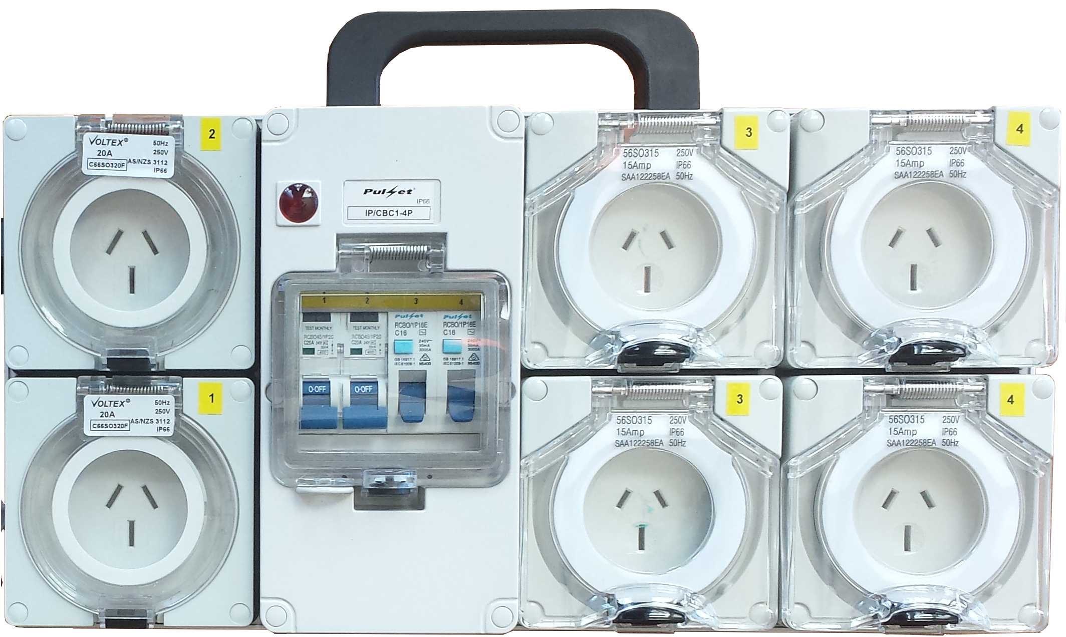 Industrial Power board-240V,15 Amp with 4x16A RCBO protected outlets.