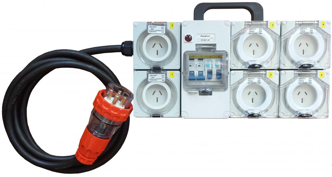 Industrial Power board - 32A 3 phase supply, 6x15A outlets, 4 circuits.